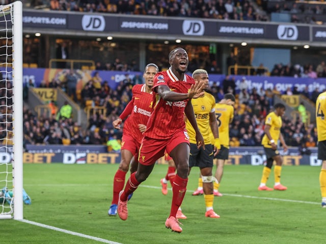 Ibrahima Konate celebrates after scoring for Liverpool vs Wolves on September 28, 2024