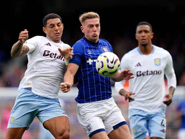 Ipswich Town's Liam Delap in action against Aston Villa on September 29, 2024