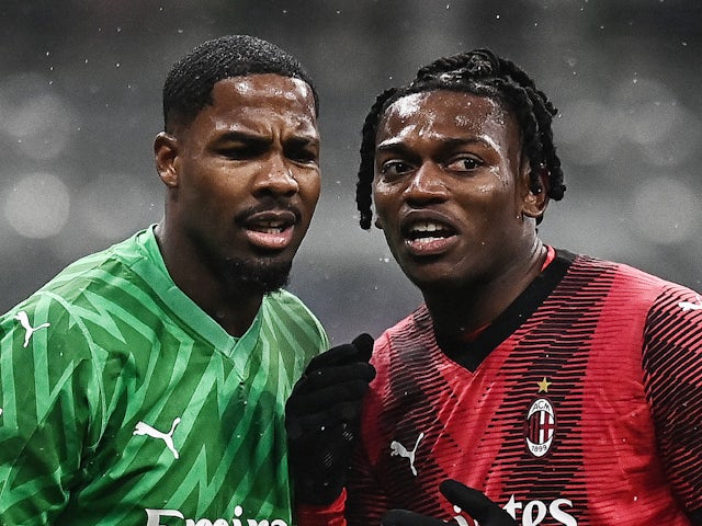 AC Milan's Mike Maignan and Rafael Leao pictured on April 22, 2024