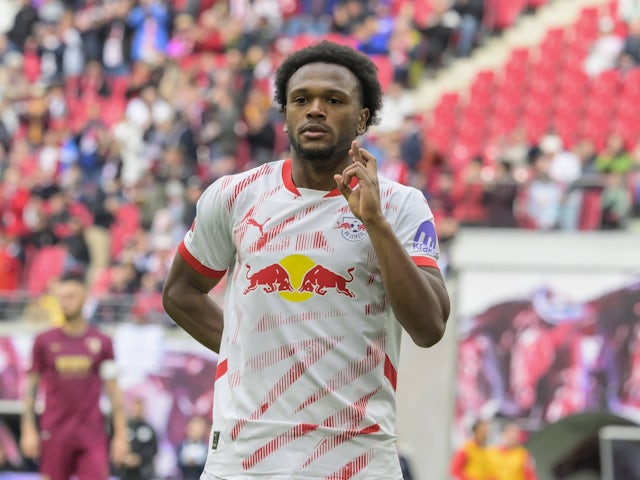 RB Leipzig striker Lois Openda celebrates on September 28, 2024