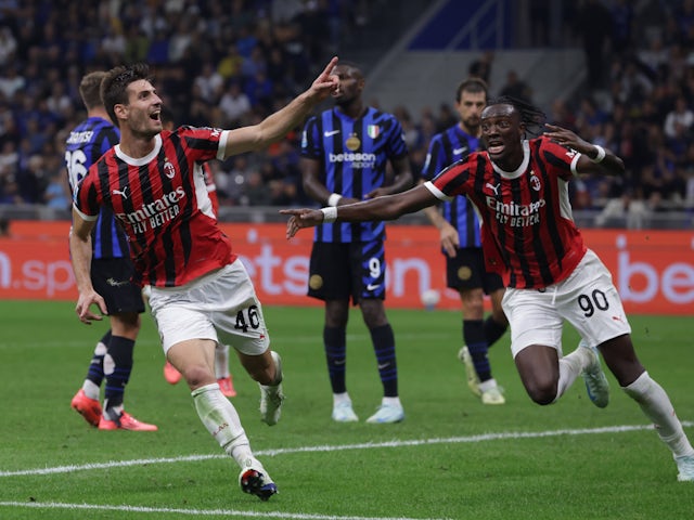 Ac Milan's Matteo Gabbia and Tammy Abraham celebrate during the Milan derby on September 22, 2024