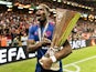 Manchester United's Paul Pogba celebrates with the Europa League trophy on May 24, 2017