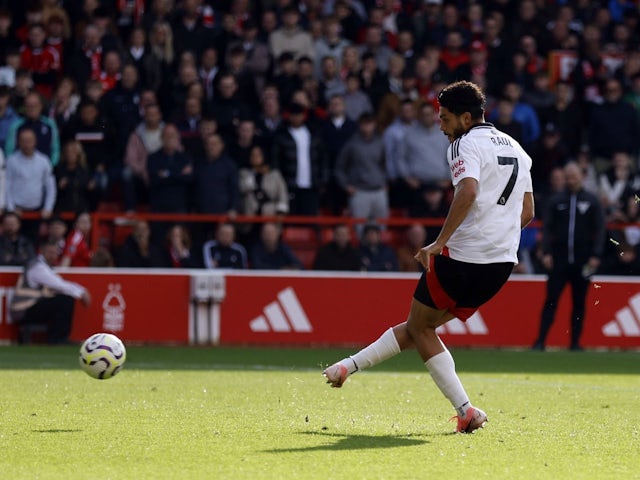 Fulham's Raul Jimenez scores from the penalty spot during his side's match against Nottingham Forest, on September 28, 2024