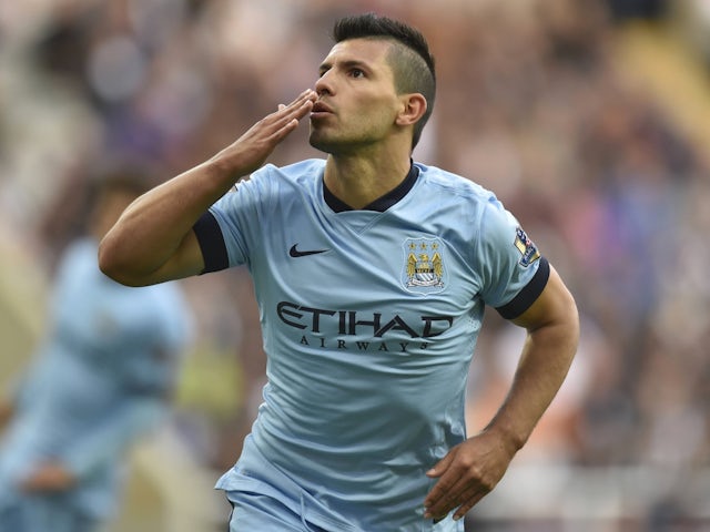 Manchester City's Sergio Aguero celebrates scoring on August 17, 2014