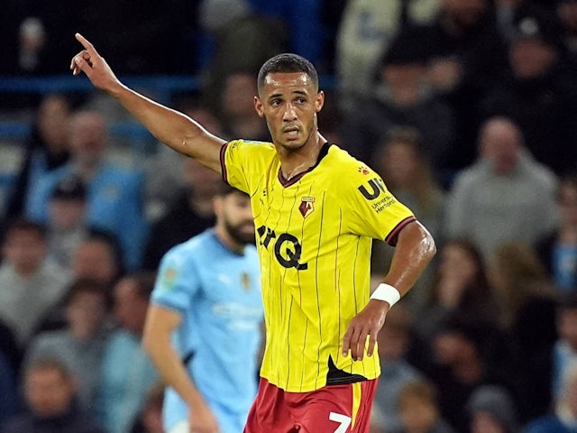 Watford's Tom Ince celebrates scoring on September 24, 2024