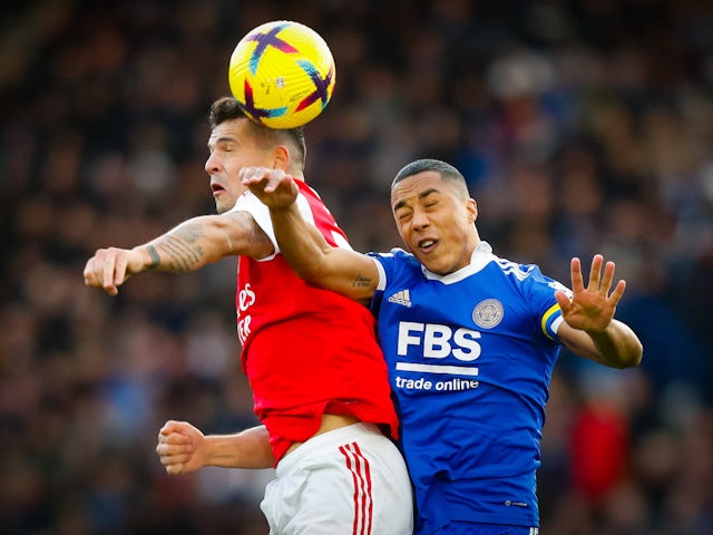 Arsenal's Granit Xhaka and Leicester City's Youri Tielemans battle for the ball on February 25, 2023