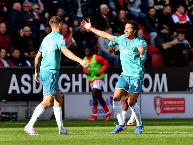 Reading FC midfielder Lewis Wing celebrates scoring against Rotherham, on October 5, 2024