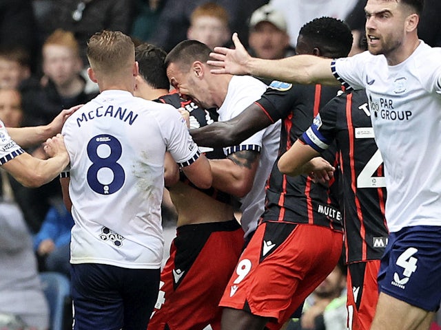 Preston North End forward Milutin Osmajic biting Blackburn Rovers defender Owen Beck in September 2024.