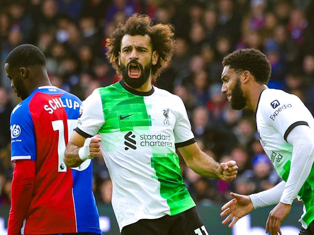 Liverpool's Mohamed Salah celebrates scoring against Crystal Palace on December 9, 2023