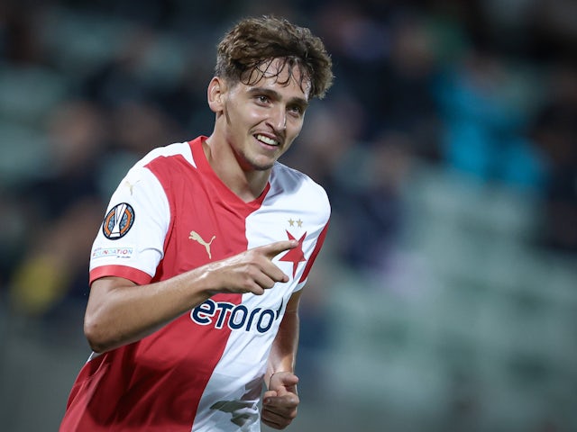 Slavia Prague's Mojmir Chytil celebrates on September 25, 2024