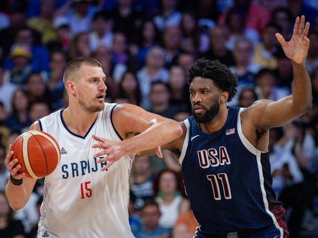 Serbian (SRB) Nikola Jokic (Serbian, No.15) Joel Embiid on October 1, 2024