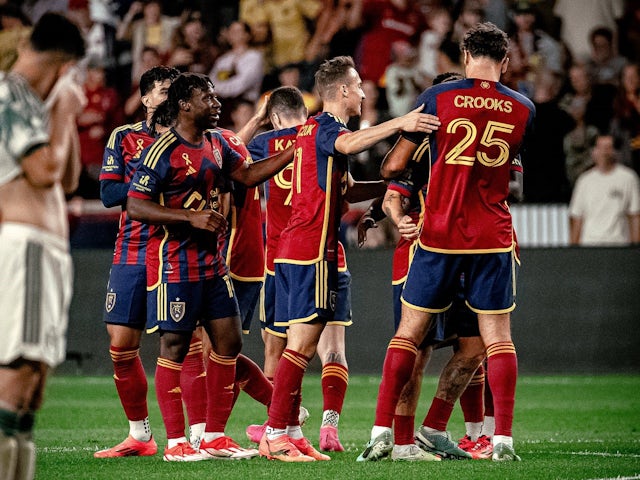 Real Salt Lake players celebrate after scoring a goal against the Portland Timbers on September 21, 2024