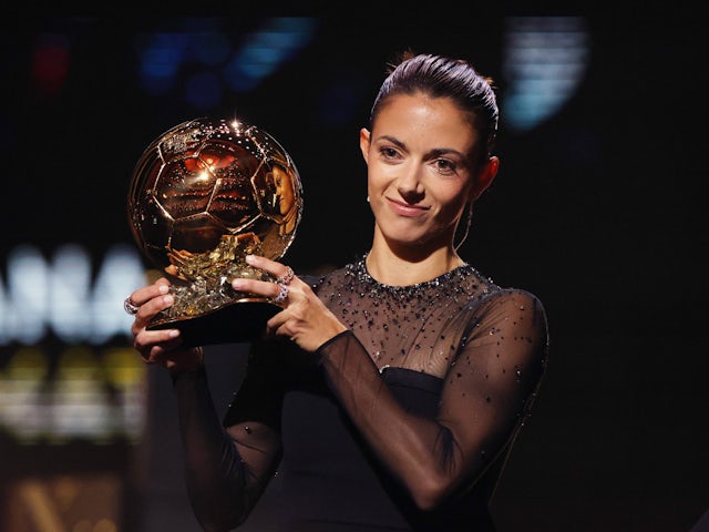 Barcelona Women midfielder Aitana Bonmati poses with the Ballon d'Or trophy on October 30, 2023