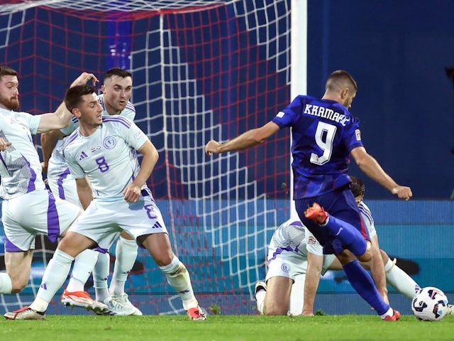 Croatia's Andrej Kramaric shoots at goal during his side's UEFA Nations League match against Scotland, on October 12, 2024