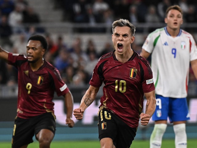 Belgium's Leandro Trossard celebrates scoring against Italy on October 10, 2024