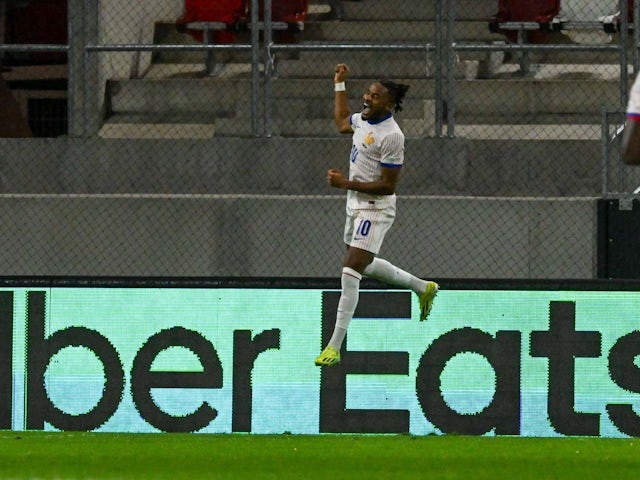 France's Christopher Ngungu celebrates scoring a goal during his team's match against Israel in the UEFA Nations League on October 10, 2024.