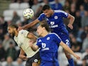 Everton striker Dominic Calvert-Lewin battles with Leicester City's Wout Faes and James Justin on September 21, 2024