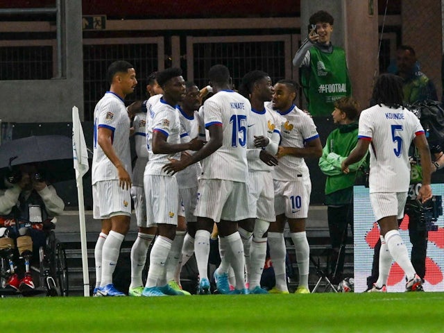 Eduardo Camavinga of France celebrates with teammates after scoring during his side's UEFA Nations League match against Israel, on October 10, 2024