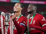 Liverpool's Ibrahima Konate and Virgil van Dijk celebrate winning the EFL Cup on February 25, 2024