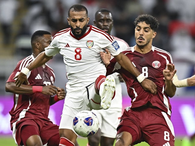 Jassem Gaber (8) of Qatar and Tahnoon Hamdan (8) of United Arab Emirates on September 5, 2024