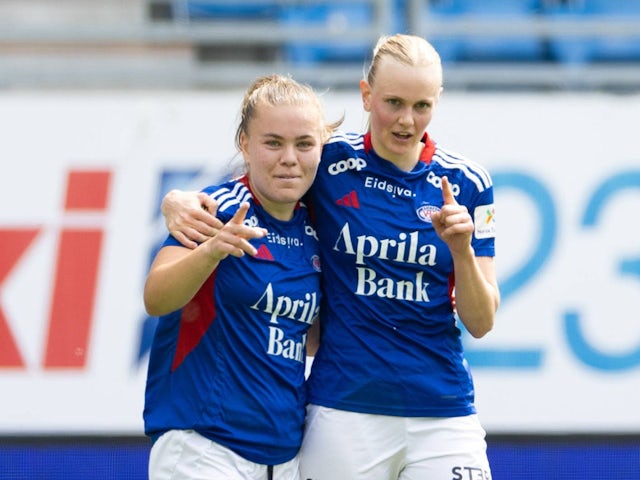 Valerenga's Karina Saevik celebrates with Olaug Tvedten after scoring on June 15, 2024