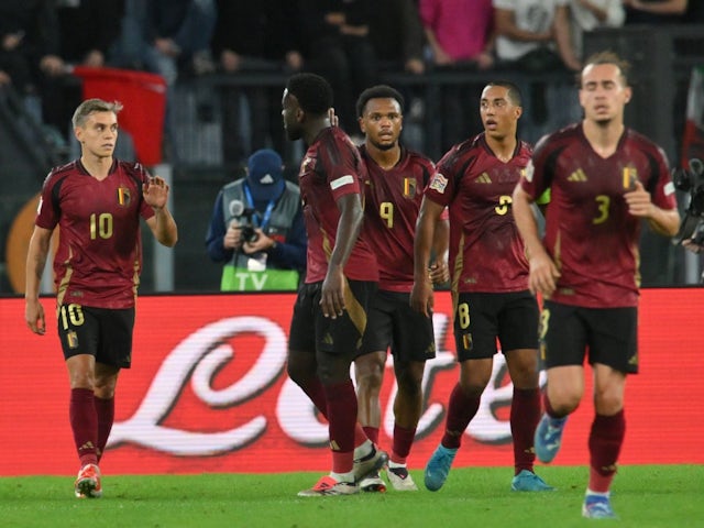 Belgium celebrate Leandro Trossard's goal on October 10, 2024