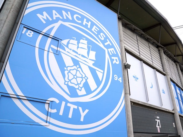 General view of Manchester City's crest at the Etihad Stadium on April 11, 2023