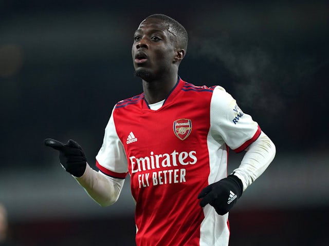 Nicolas Pepe celebrates scoring for Arsenal in December 2021