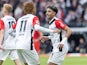 Eintracht Frankfurt Hugo Ekitike celebrates with Omar Marmoush on October 6, 2024