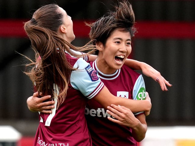 West Ham United Women's Riko Ueki celebrates after scoring on September 29, 2024