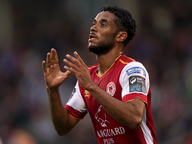 St Patrick's Athletic's Romal Palmer celebrates scoring his side's first goal of the game during his team's UEFA Conference League match against Sabah, on August 8, 2024