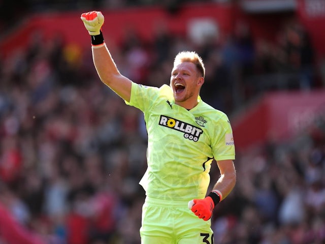 Southampton goalkeeper Aaron Ramsdale celebrates his side's second goal of the game against Leicester City, on October 19, 2024