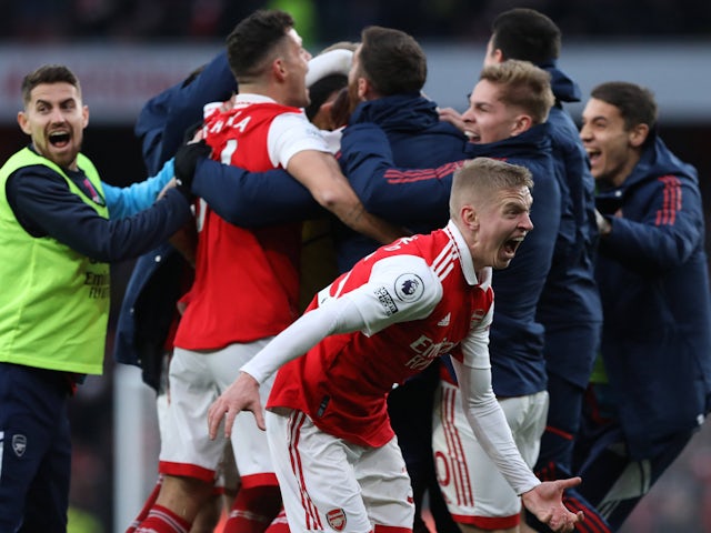 Arsenal celebrate Reiss Nelson's goal against Bournemouth on March 4, 2023