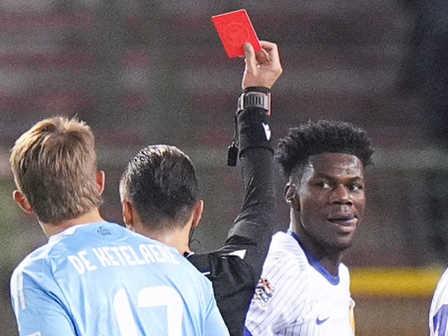 France's Aurelien Tchouameni is sent off on October 14, 2024