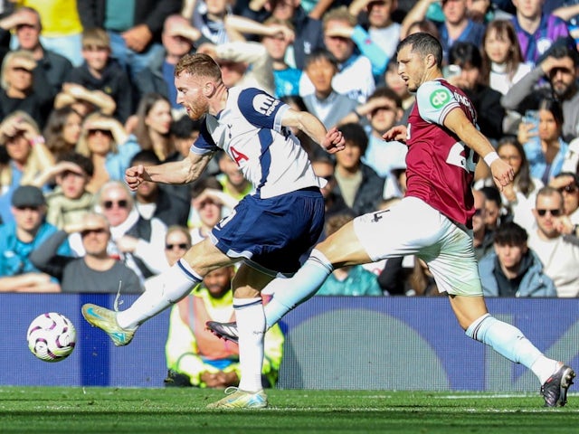 Dejan Kulusevski of Tottenham Hotspur scores during his side's game against West Ham United in the Premier League, on October 19, 2024