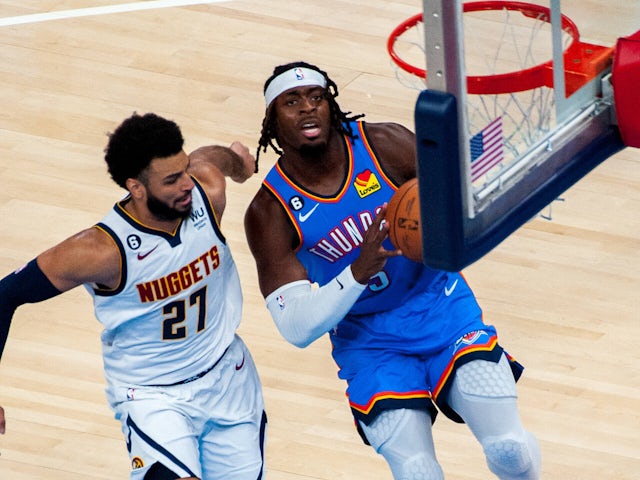  Oklahoma City Thunder Luguentz Dort eyes the basket as he drives the lane versus Denver Nuggets on October 16, 2024