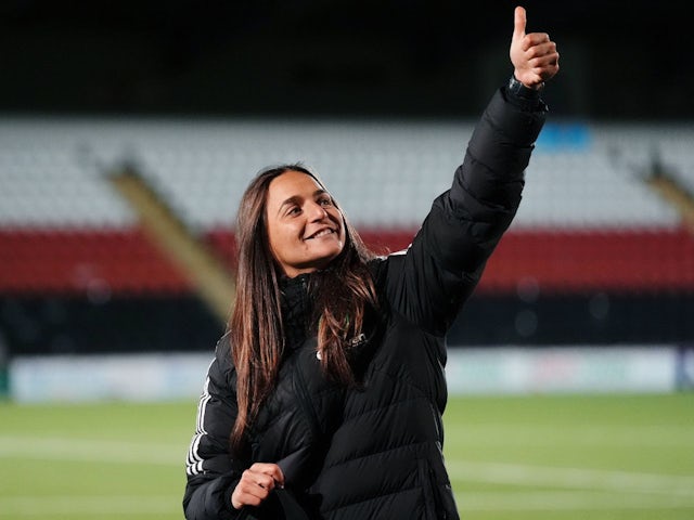 Celtic Women's head coach Elena Sadiku celebrates after the match on September 26, 2024