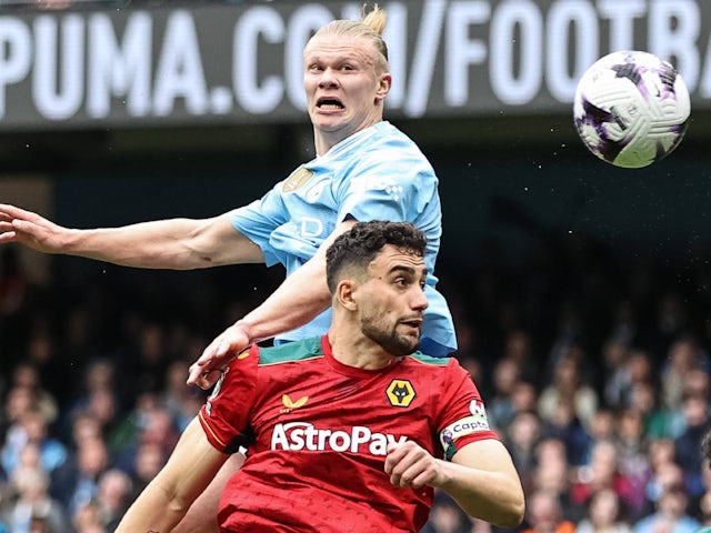 Manchester City's Erling Haaland and Wolverhampton Wanderers' Max Kilman in action on May 4, 2024