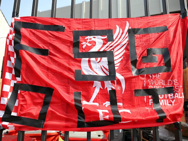 European Super League reaction A FSG Out banner outside of Anfield Stadium, Liverpool protesting against the clubs decision to join the European Super League in 2021