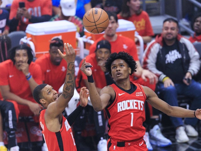 Amen Thompson and Jabari Smith Jr. of the Houston Rockets in action on April 14, 2024