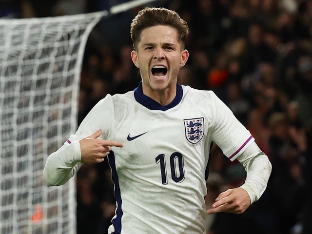 James McAtee celebrates scoring for England Under-21s on October 11, 2024