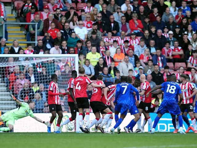 Leicester City's Jordan Ayew scores his side's winner during their match against Southampton in the Premier League, on October 19, 2024