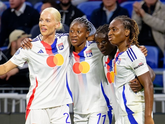 Lyon Women's Kadidiatou Diani celebrates with her teammates after scoring on October 8, 2024