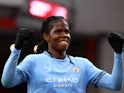 Manchester City Women's Khadija Shaw celebrates after scoring on October 13, 2024