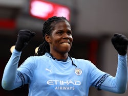 Manchester City Women's Khadija Shaw celebrates after scoring on October 13, 2024