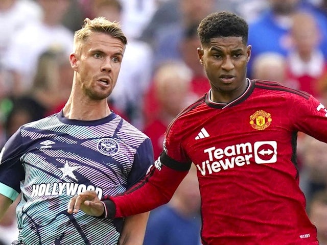 Brentford's Kristoffer Ajer and Manchester United's Marcus Rashford in action on October 7, 2023