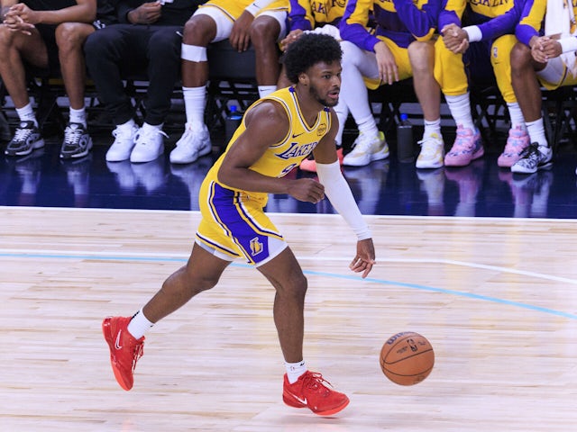 Bronny James of the Los Angeles Lakers with the ball during their preseason NBA, Basketball Herren, USA game against the Minnesota Timberwolves on October 18, 2024