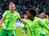 Wolfsburg Women's Lineth Beerensteyn celebrates with Svenja Huth after scoring on October 12, 2024