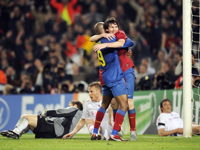 Lionel Messi and Samuel Eto'o celebrate a goal for Barcelona in their 4-0 Champions League win over Bayern Munich in 2009