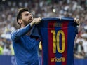 Lionel Messi celebrates scoring his 500th goal for Barcelona, against Real Madrid, on April 23, 2017